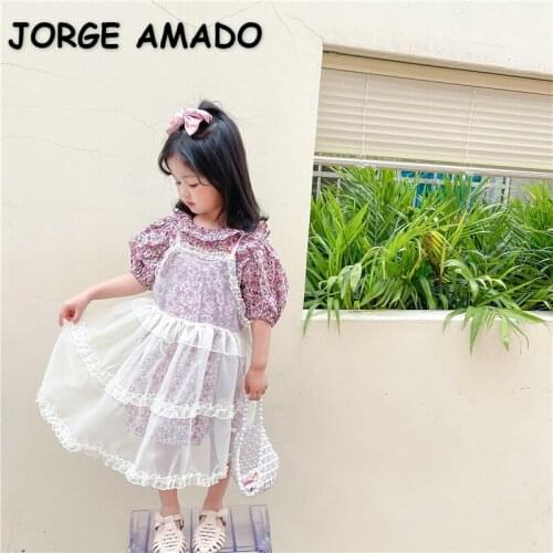 2021 Korean Style New Summer Kids Girls Dress 2-pcs Sets Floral Short Sleeves+White Gauze Princess Dress Children Clothes E6042