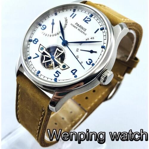 Parnis 43mm Mens Top Luxury Mechanical Watch Black Dial Date Leather Strap Power Reserve Mens Automatic Watch