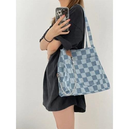 Cowboy Blue Checkerboard Plaid Shoulder Bag 2021 Early Autumn New Large Capacity Commuter Tote Student Canvas Women Bag
