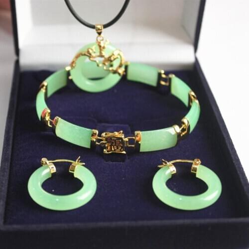 New! womans noblest fine green jades dragon pendant & earring bracelet jewelry set