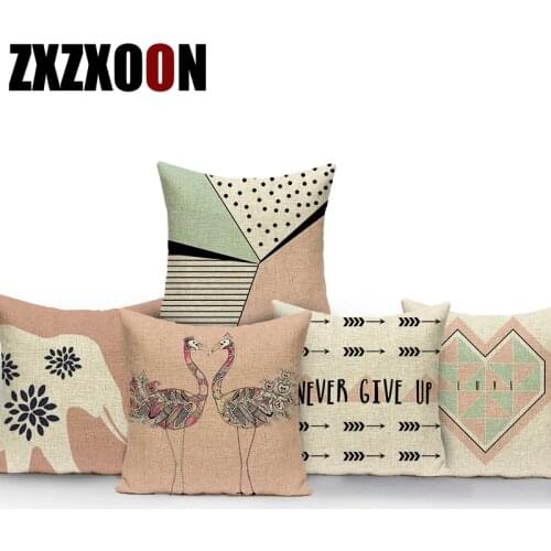 Polyester Pink Simple Geometric Animals Elephant Deer Arrow Sofa Cushion Cover for Home Car Living Room Pillowcase Cover