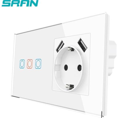 SRAN Touch Sensor Switch With Socket Crystal Glass Panel 153*82mm 220V 16A Wall Light 3Gang 1Way + Socket With USB