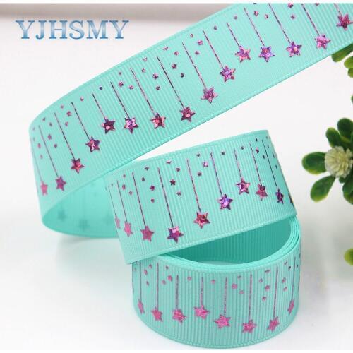 YJHSMY G-18609-405,25 mm 10 yards laser Silver Colored pentagonal stars Printed grosgrain ribbon DIY headdress wedding gift wrap