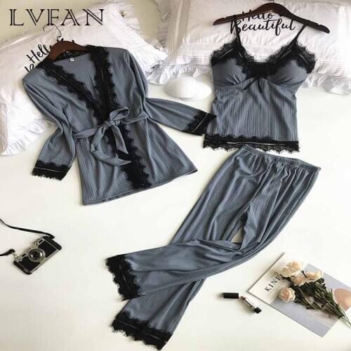 Womens Luxury Autumn Winter Three-Piece Sexy Lace Long-Sleeved Korean Cotton Noble Pajamas Robe Chest Pad Sling Home Z010