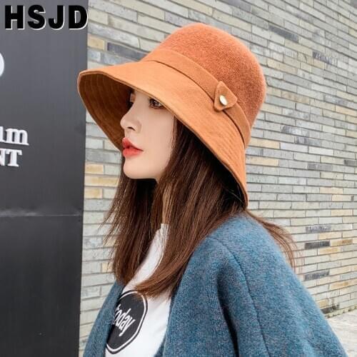 Autumn Winter Women Dome Knitted Bucket Hat Panama Wide Brim Fisherman Hats Thicken Warm Solid Color Fishing Cap Female Caps