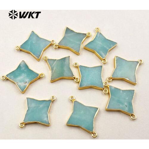 WT-C222 Wholesale natural green Amazonite connectors two loops green star stone connectors with 24K gold trim women jewelry gift