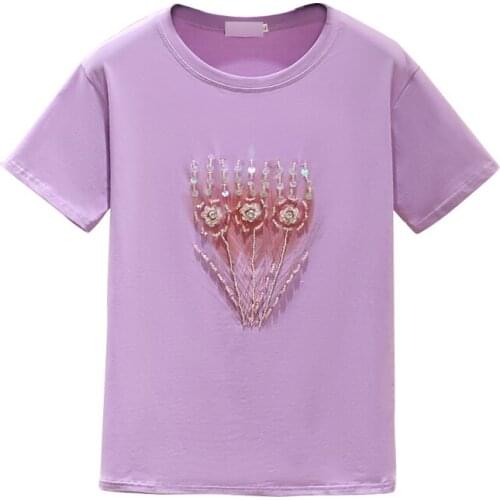 Women Fashion Beading T-Shirts Cotton Loose Short Sleeve Tops 2021 Round Neck Harajuku Style Tee 507
