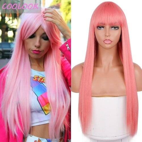 Pink Womens Wigs with Bangs 26 Inch Long Silky Straight Cosplay Lolita Wigs African American Natural Synthetic Fibre False Hair