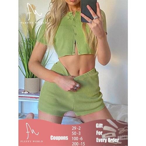 2021 Summer Knitted Two Piece Set Women Short Sleeve Buttons Top High Waist Shorts Bodycon Casual Fashion Matching Clothes Sets