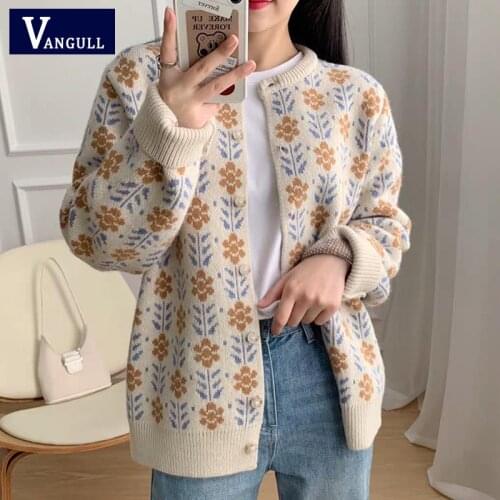 Vangull Floral Print Women Cardigan Knitted Sweater Long Sleeve Retro Outwear Cardigan Autum Winter O Neck Short Female Sweater