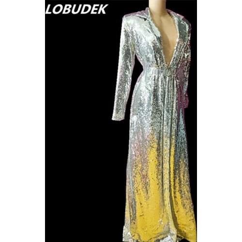 Lengthen Silver Sequins Long Coat Female Singer Concert Costume Bar Nightclub DJ Dancer Party Stage Wear Sequined Cloak Overcoat