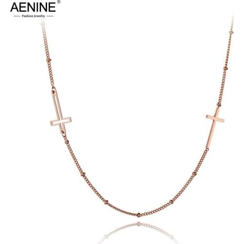 AENINE Religious Titanium Stainless Steel Double Cross Choker Necklaces For Women Rose Gold Chain Link Pendant Necklace AN19173