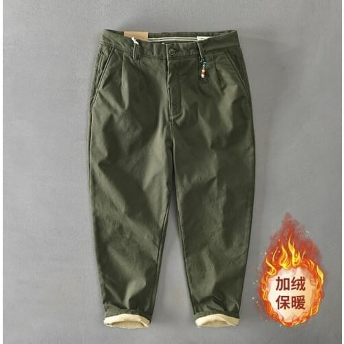 Spring Winter New Simple Thickening Plush Warm Loose Straight Leg Mens Casual Long Work Pants Outdoor Labor Cotton Trousers