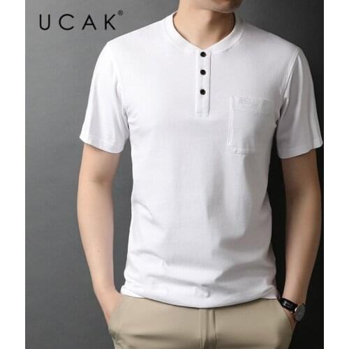 UCAK Brand Classic O-Neck Solid Color Button Short Sleeve T-Shirts Summer New Streetwear Casual Pure Cotton T Shirt Homme U5557