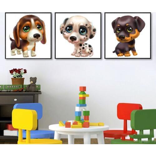 Lovely Animal Painting 3 Pieces Cute Dog Canvas Artwork 3D Cartoon Puppy Wall Hanging Picture For Baby Kids Bedroom Decor Gift