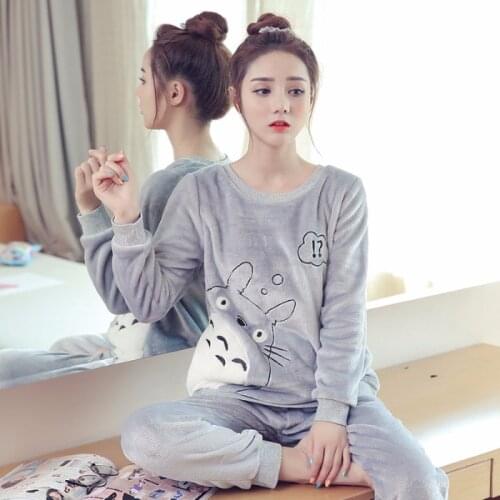Cute Flannel Pajama Set For Women Thick Autumn Winter Warm Pyjamas Sets Female Coral Velvet Long Sleeve Cartoon Sleepwear Suit