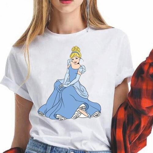 Disney fashion Princess Cinderella Ptint Summer Tshirt Cartoon Women T-Shirt Casual Loose Female Tee Tops Harajuku Streetwear