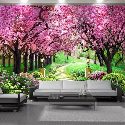 3d Landscape Wallcovering Wallpaper Forest Park Pink Trees Flower Sea Beautiful Scenery Home Decor Painting Mural Wallpapers