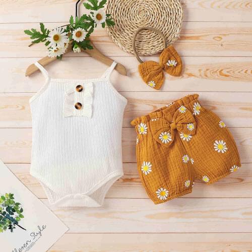 Newborn Baby Girls Lovely Outwear Clothes Knitted White Romper+Daisy Print Shorts+Bow-knot Headband Toddler Cute Clothes Set