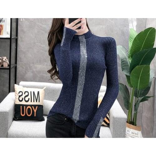 Autumn winter fashion new design womens turtleneck rhinestone lurex patchwork shinny bling knitted sweater tops plus size SMLXL