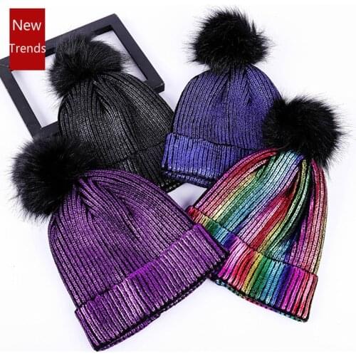 New Knitted Women Beanies Hat Fur Pompom Paillette Bling Hat Winter Girl Keep Warm Bling Beanie Cap Chapeu Feminino Pom Pom Hats