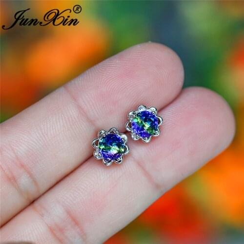 Cute Plant Flower Stud Earrings Rainbow Crystal Stone Wedding Earrings For Women Silver Color Round Purple Earrings Jewelry