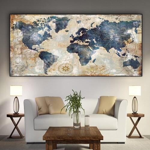 Vintage Watercolor World Map Painting Canvas Painting Posters and Prints HD Print Wall Picture for Living Room Decor