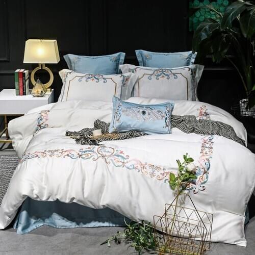 Luxury white blue 100S Egyptian cotton Embroidery Bedding sets Queen King Royal Duvet cover Bed sheet set Pillowcases 4/6pcs