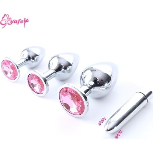 3 Sizes Metal Anal Plug with Pink Jeweled Steel Butt Plug with Diamond Women Jewel Sex Anal toys Bullet Vibrator for Beginner