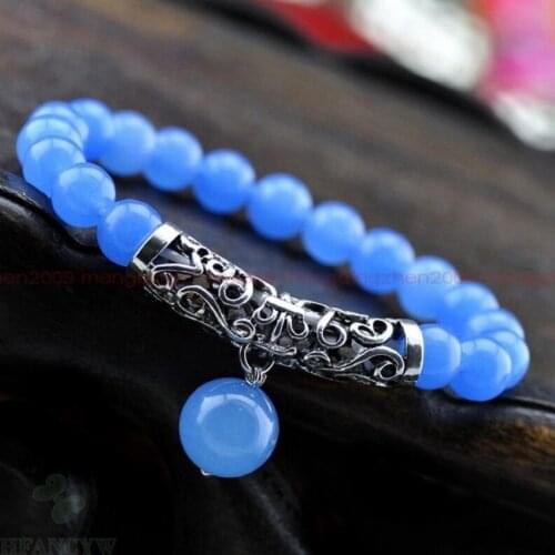 8MM Blue jade bracelet Beaded Beautiful Men men 7.5inch Original handmade diy Unisex good luck blessing prayer