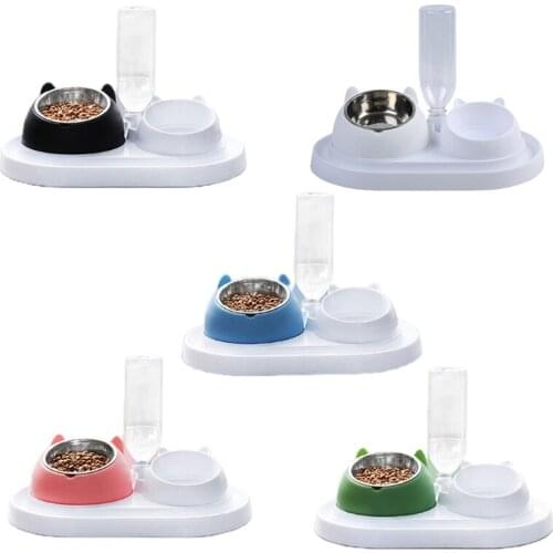 Double Dog Pet Bowls Pets Water And Food Bowl Set 15°Tilted With Automatic Waterer Bottle For Small Or Medium Size Dogs