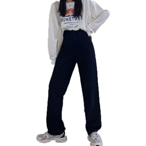 2021 High Waist Jeans Stylish Loose All-match Pure Simple Teens Trouser Popular Black Mopping Jeans Straight-leg Pants
