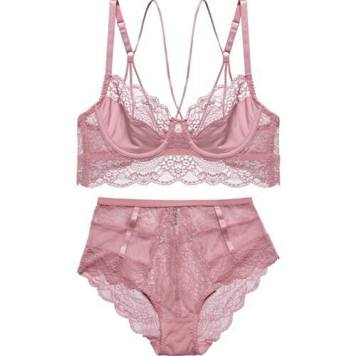 Ultrathin Women Bra Set Push up Strappy Bra Sexy Lace Trim Underwired Unlined High-Rise Panties Underwear Women Lingerie