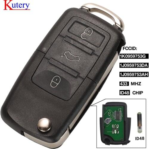 Kutery 3 Button Flip Remote Car Key Fob For VW PASSAT Polo Skoda Seat Polo/Golf/Beetle 1J0959753 DA/AH 1K0959753G 434Mhz ID48