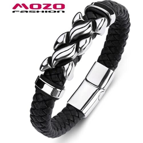 Fashion Classic Men Bracelets Black Leather Stainless Steel Charm Magnet Buckle Male Flame Punk Jewelry