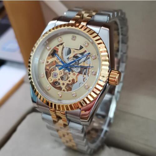 GEERVO No logo Automatic mens Watch 37mm Gold border Hollowing out Watch dial Seagull M182SK carving pattern Movement G091
