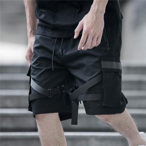 Mens Knee Length Cargo Shorts Male Harajuku Joggers Shorts Streetwear Tatical Military Short Fashion Ribbon Hip Hop Joggers