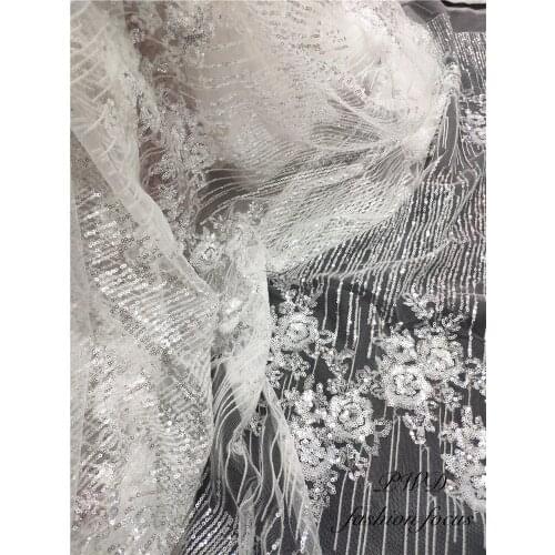 Nigerian Seuqins Mesh Lace Fabric White Sequined Embroidered Lace Guipure African Swiss Voile Net Lace Indian Style Wedding Lace