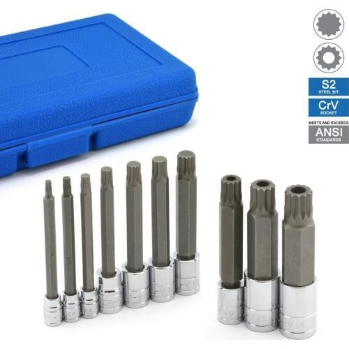 New 10Pcs/set 4mm-18mm S2 Spline Bit Socket Set Extra Long Type 100mm Short Type S2 Bit & Cr-V Socket Auto repair tool