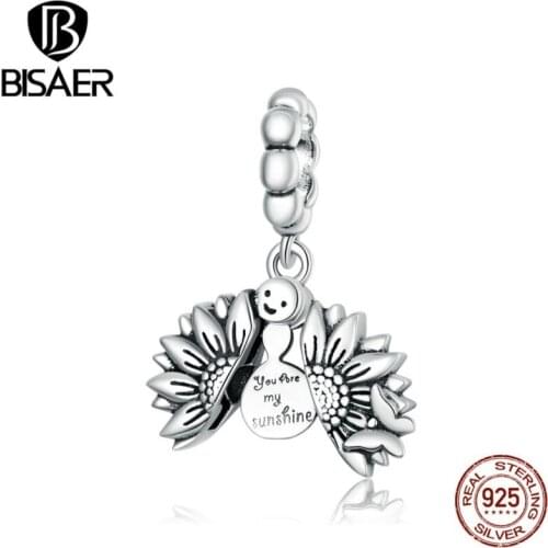 BISAER Sunflower Beads 925 Sterling Silver Smiling Face Charm Pendant Fit DIY Bracelet Necklace Lovely Jewelry Gift ECC1661