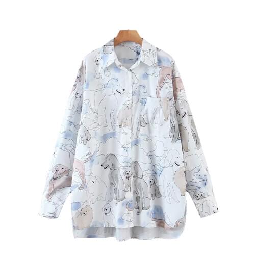 2020 Autumn And Winter New Products Cute Animal Print Youth Womens Lapel Open Button Loose Long Sleeve Shirt