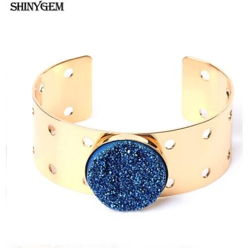 ShinyGem 2020 Trendy Round Natural Crystal Druzy Stone Bracelets 24K Gold Plating Color Wrist Band Bangle For Women Wedding Gift