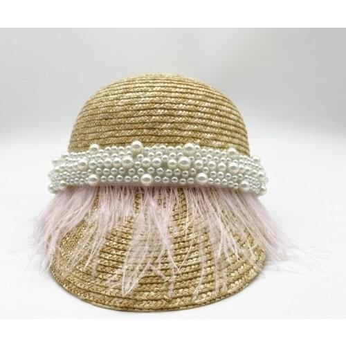 Pearl Feather Adjustable Sun Protection Summer Straw Hat Women Summer Shading Tassel Dome Beach Cap Sun Visor Hat
