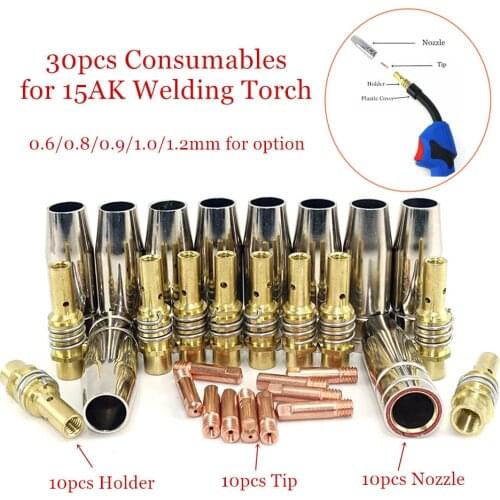 30pcs 15AK Torch Welding Consumables 180A MIG Torch Gas Nozzle Tips Holder Gun Neck Wrench for MIG Welding Machine