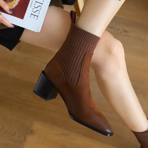 British Style Vintage Knitted Stretch Ankle Boots Autumn Square Toe Cow Suede Slip On Block High Heels Chelsea Boots Brown Shoes