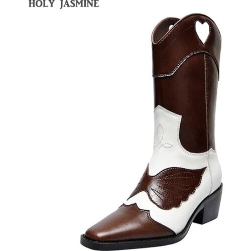 2019 Winter Newest Genuine Leather denim knee high boots for women embroidery knight long boots retro cowboy western booties