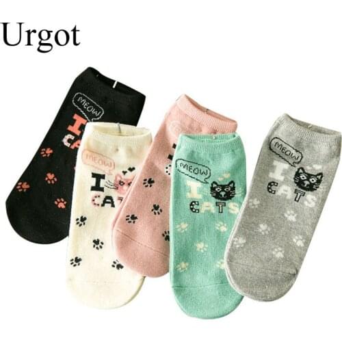 Urgot 5 Pairs Womens Ankle Socks New Korean Cartoon Cute Straight Cat Women Boat Socks Cotton All-match Female Socks Calcetines