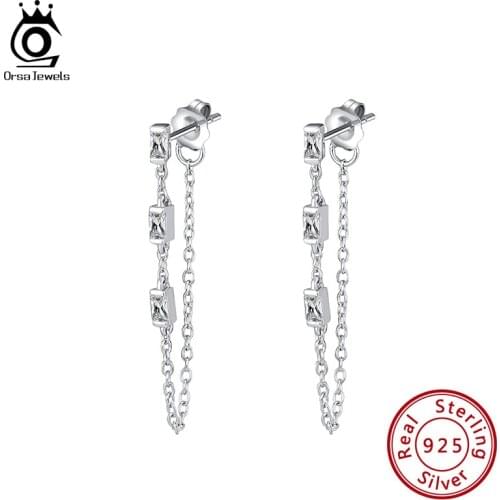 ORSA JEWELS 925 Sterling Silver Drop Earrings Zirconia Stone Silver Earrings Long Line Back Drop Earrings For Women SE238