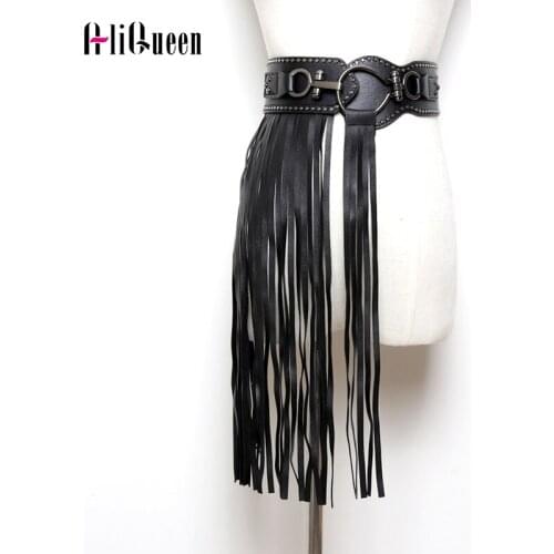 Punk Women Black PU Leather Skirts Girdle Long Tassel Skirt Club Party Slim Fringe Skirt for Female Wide Skirts Belt Decorative