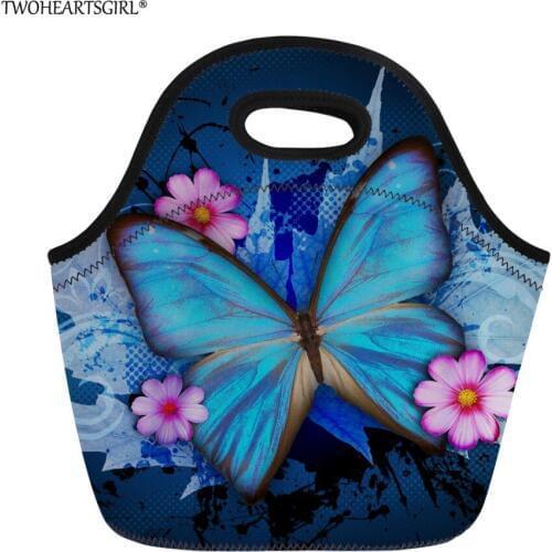 Twoheartsgirl Pretty Women Girls Butterfly Lunch Bag Thermo Neoprene Kids Food Storage Bag insulated Women Lunchbox Waterproof